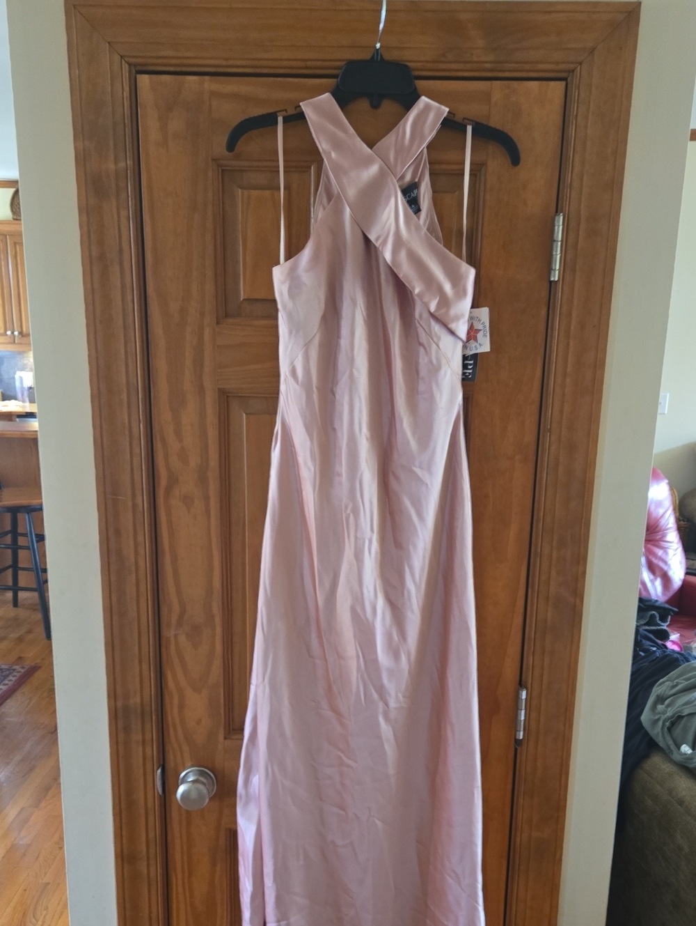 Xscape Rose Blush Satin Cross-Halter Maxi Dress